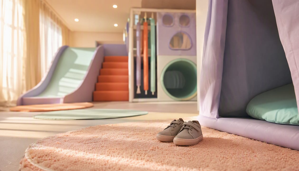Small shoes on pastel rug in soft play area