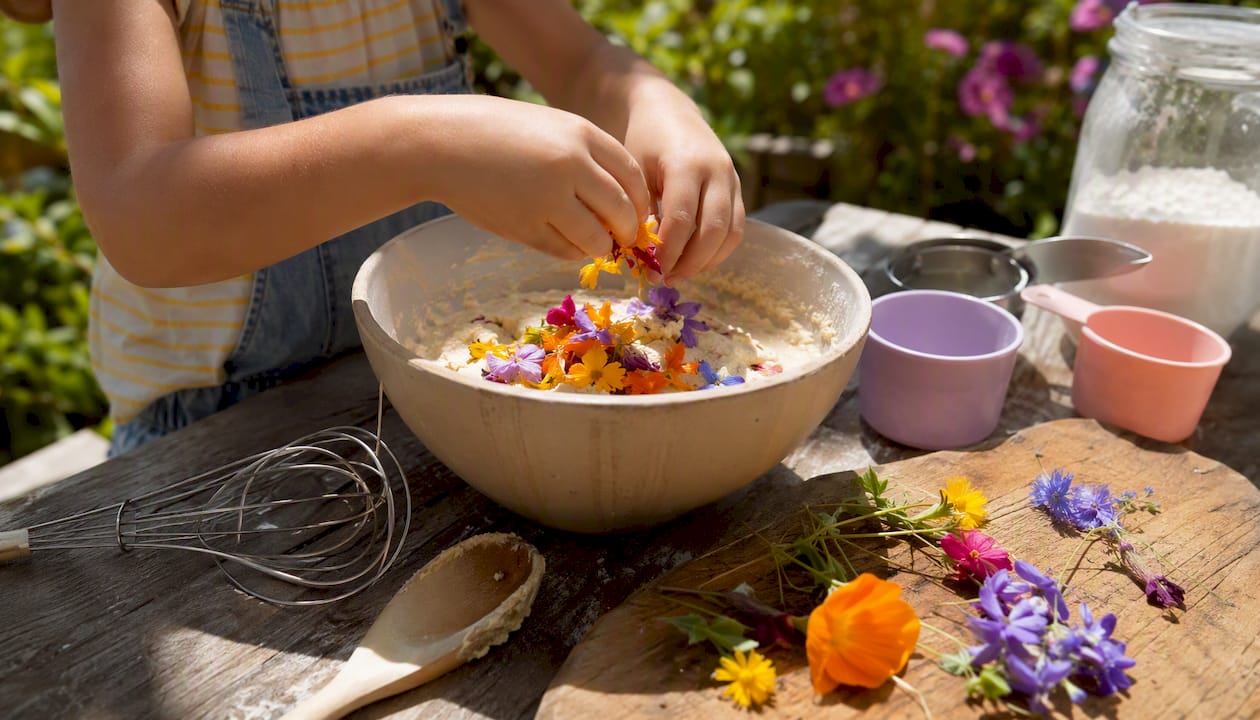 Child's hands pouring batter into muffin tray
