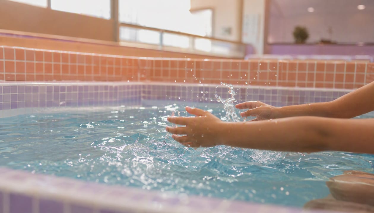Child’s hands touching water in warm pool