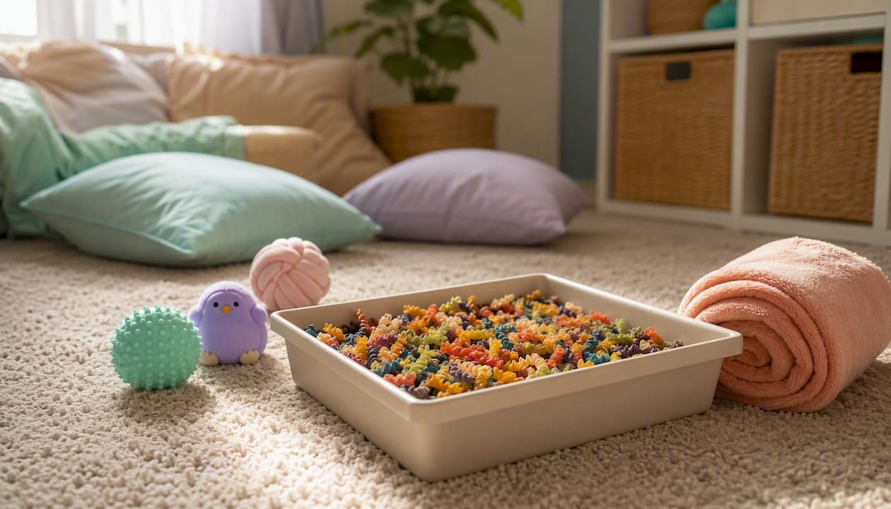Sensory play setup with rice tray and blanket roll