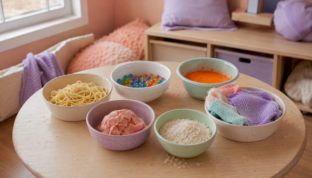 Bowls with assorted sensory play materials