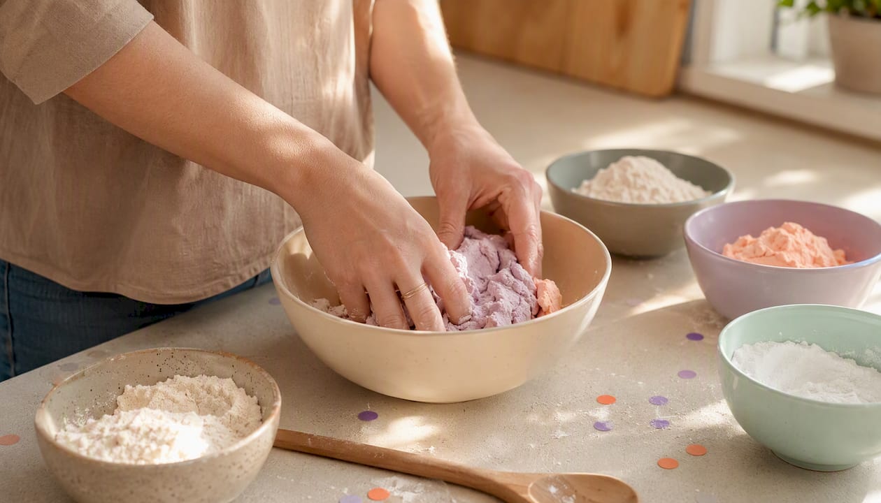 Hands kneading homemade playdough in bowl