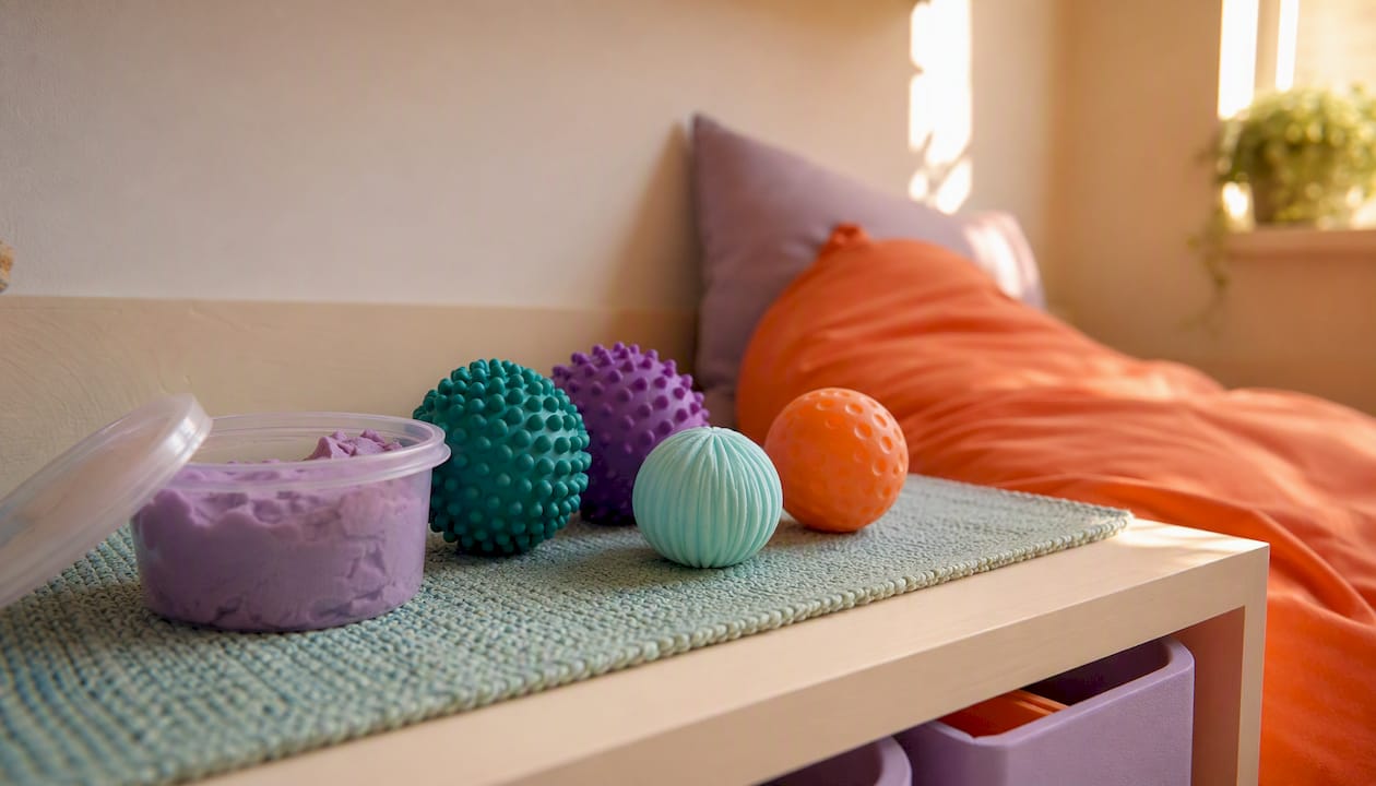 Therapy putty container and stress balls in playroom