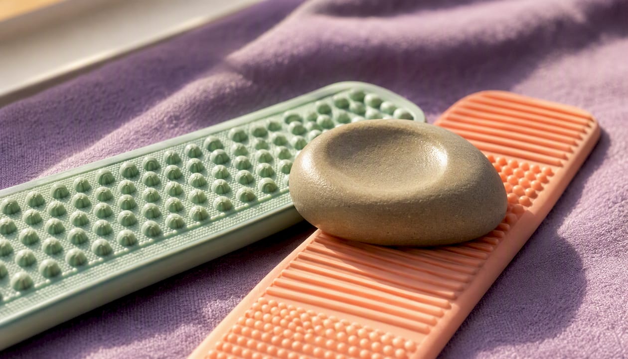 Worry stone and textured sensory strips on fabric
