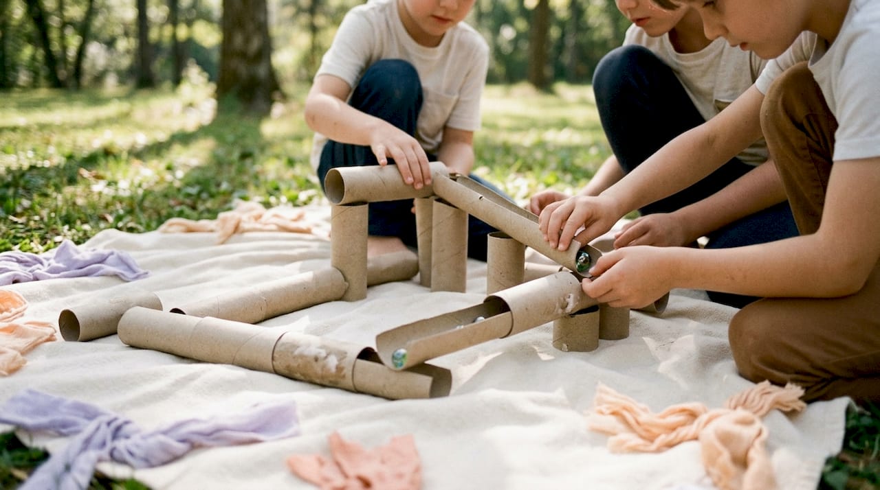 Children’s hands holding cardboard tubes for marble roll game