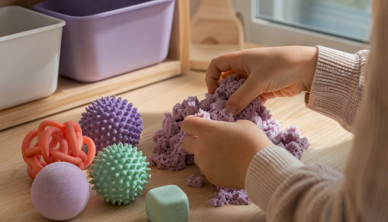 Child hands exploring tactile sensory toys