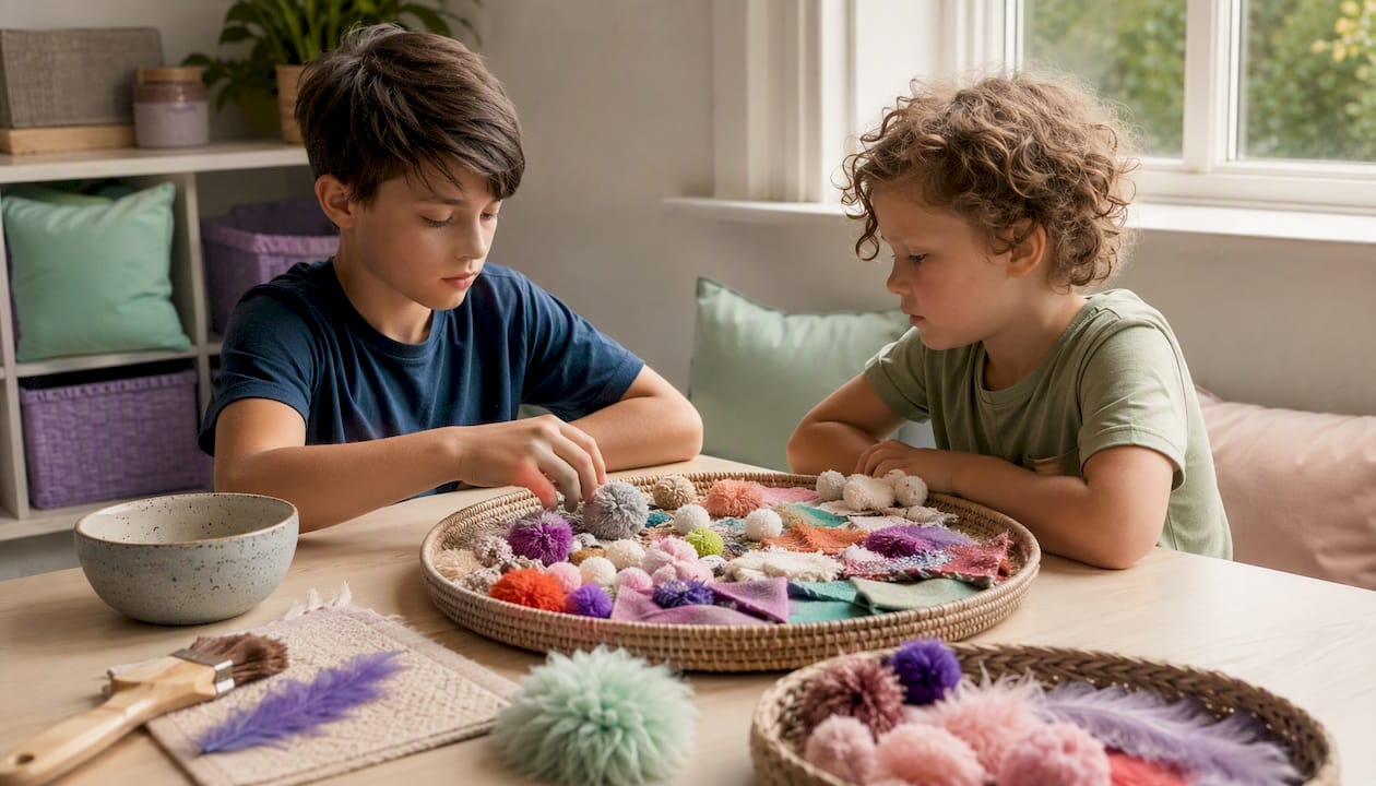 Sensory play tray with no-touch tools for siblings
