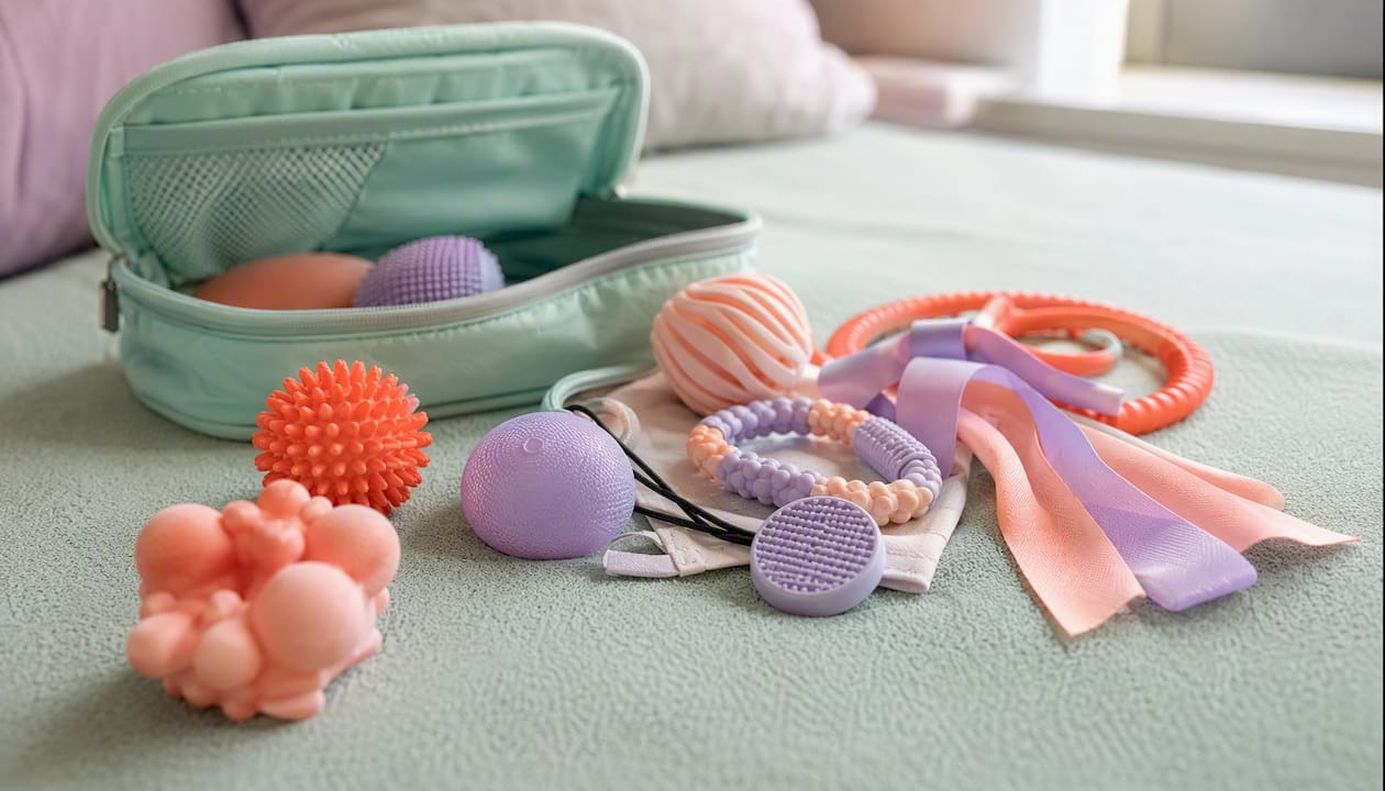 Compact sensory kit items laid out