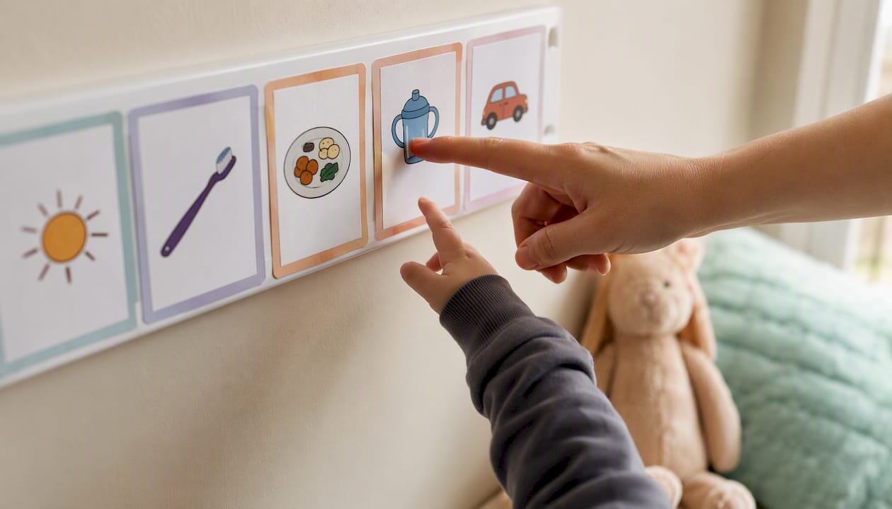Parent and toddler hands interacting with a visual timetable