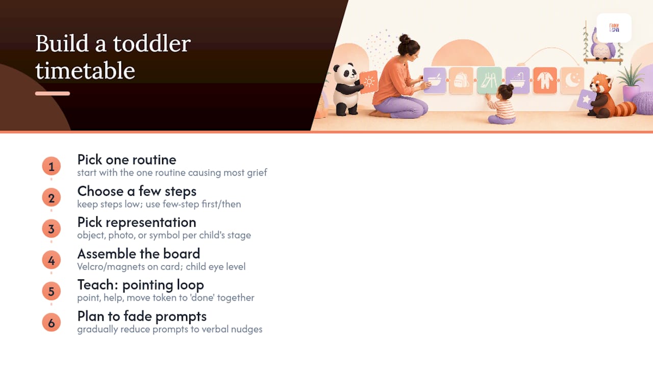Step-by-step diagram showing how to build a toddler visual timetable