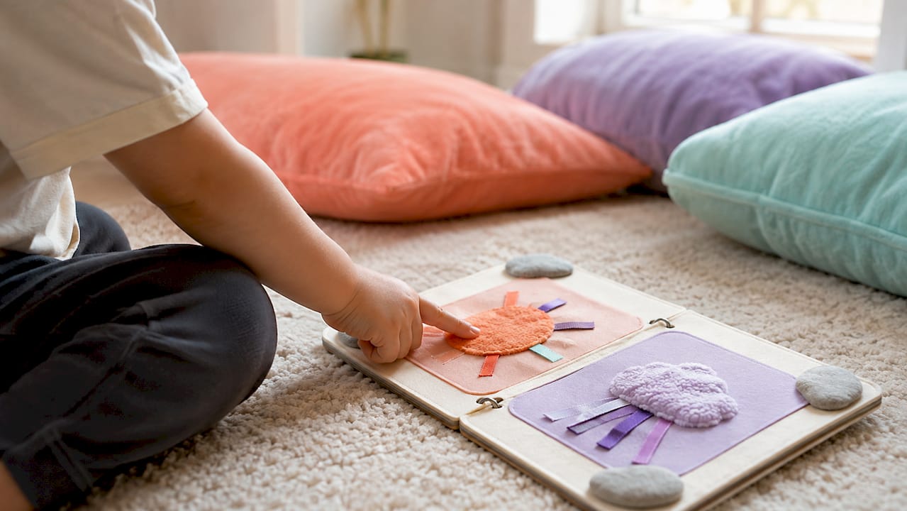 Toddler hand touching textured sensory visual cards