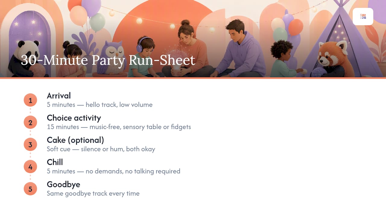 Thirty-minute low-stimulation party run sheet