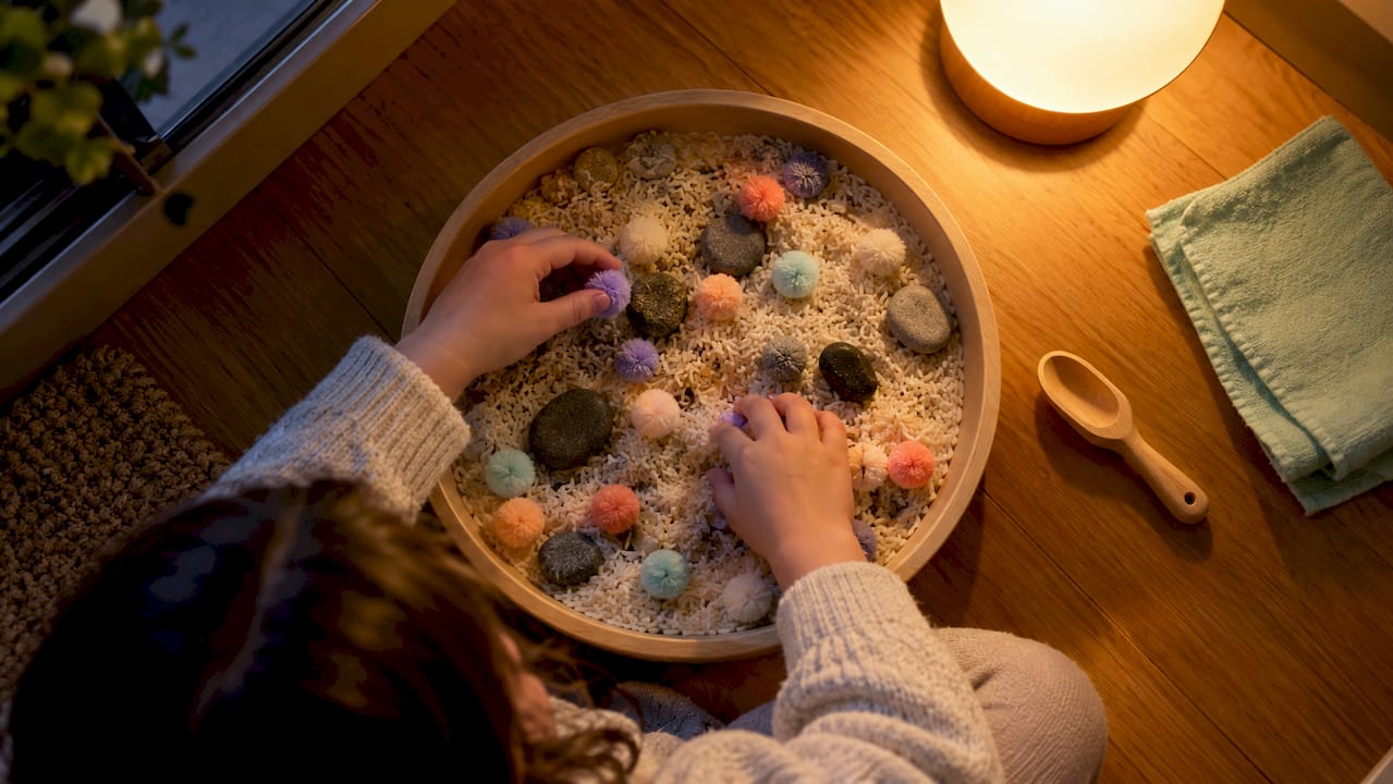 Hands exploring a tactile tray by lamplight