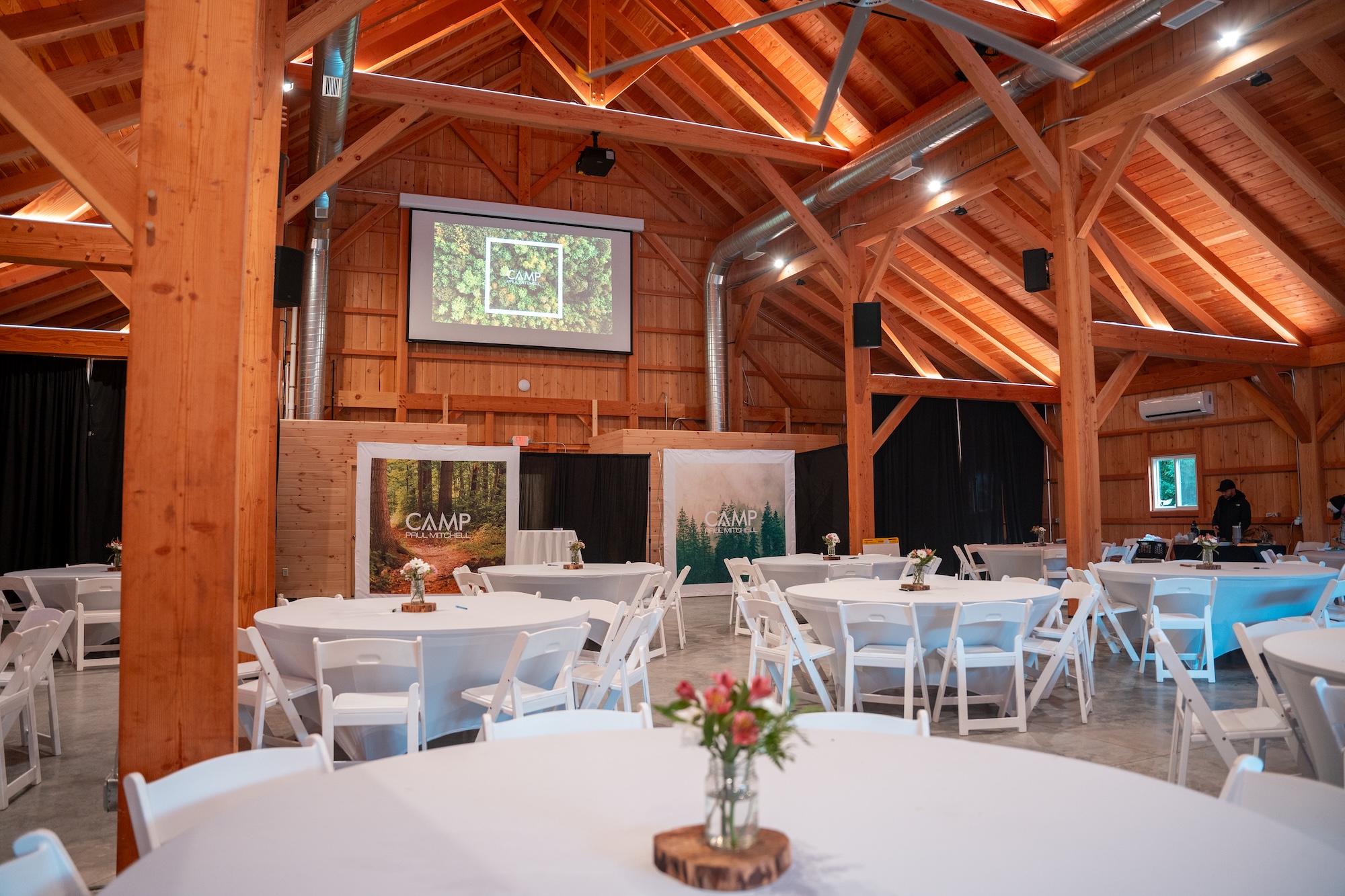 The Barn set for an evening event overlooking the lake