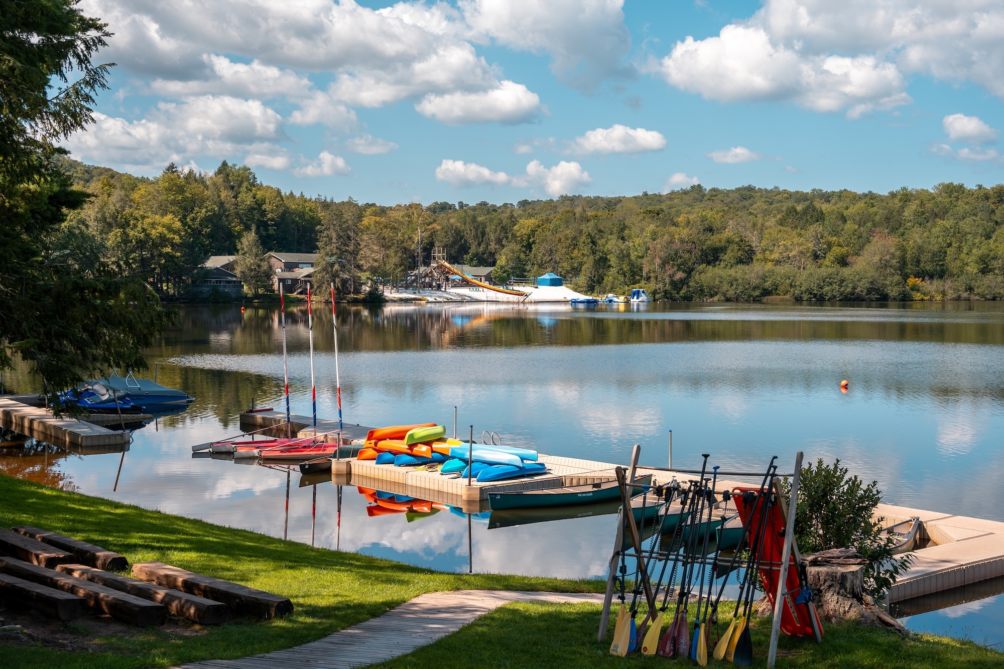 Swimmers and inflatables on the spring-fed lake