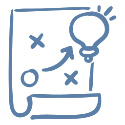 Strategy.  Blueprint.  Blue hand-drawn strategy map with arrows, crosses, and a glowing light bulb symbolizing ideas.