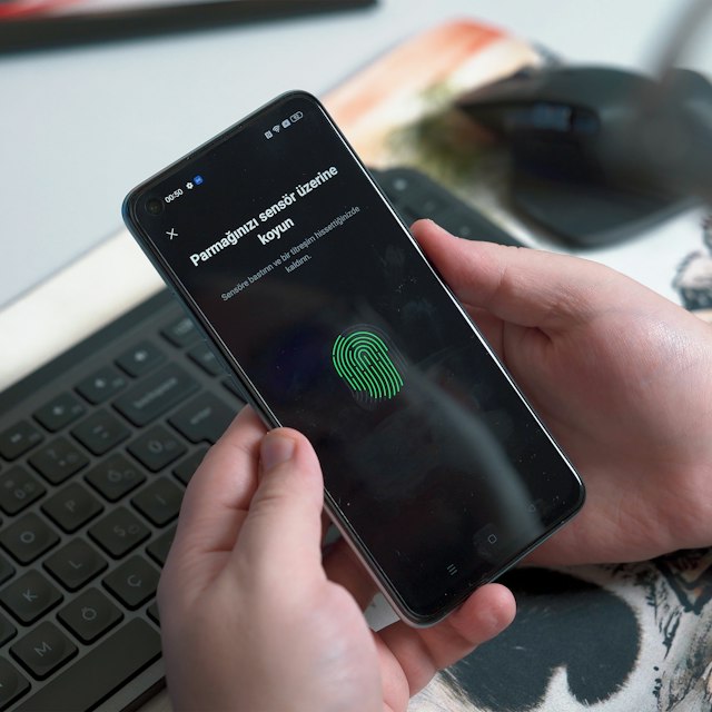 Hand holding a smartphone showing a fingerprint security prompt
