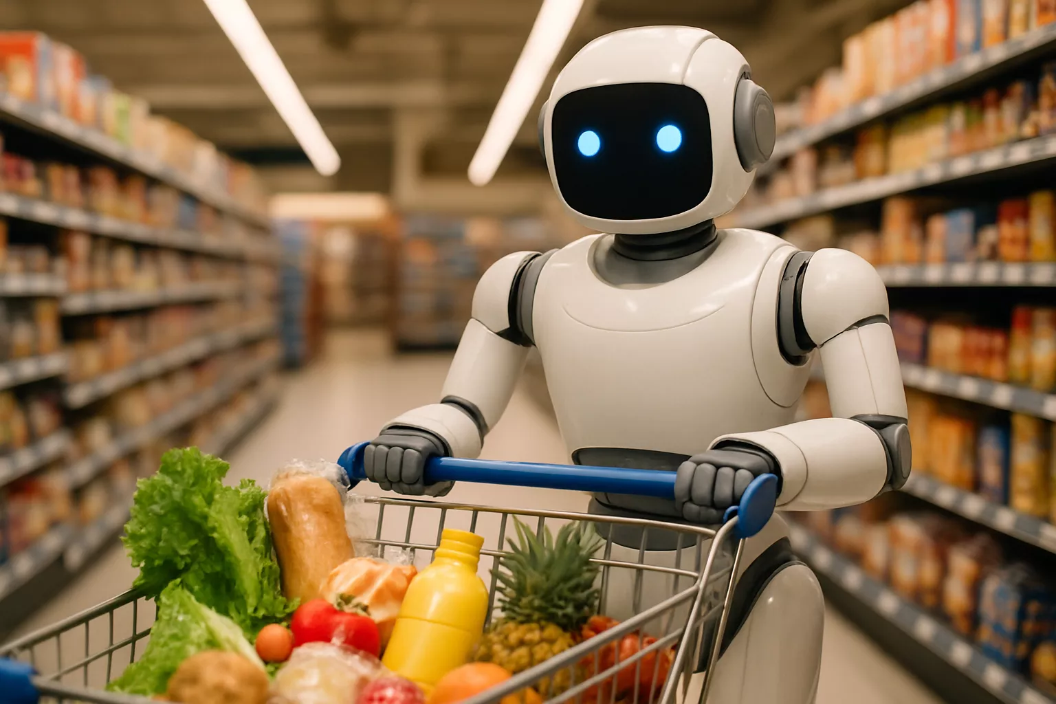 Robot pushing a shopping cart down a grocery aisle