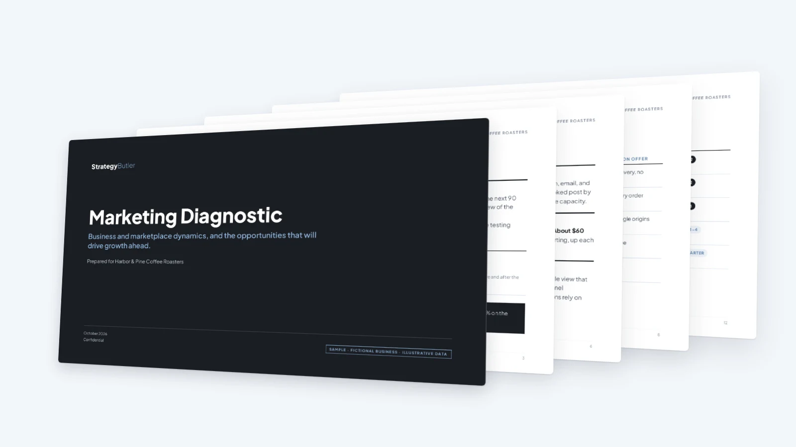 A stack of pages from a sample Strategy Butler Marketing Diagnostic, led by its cover