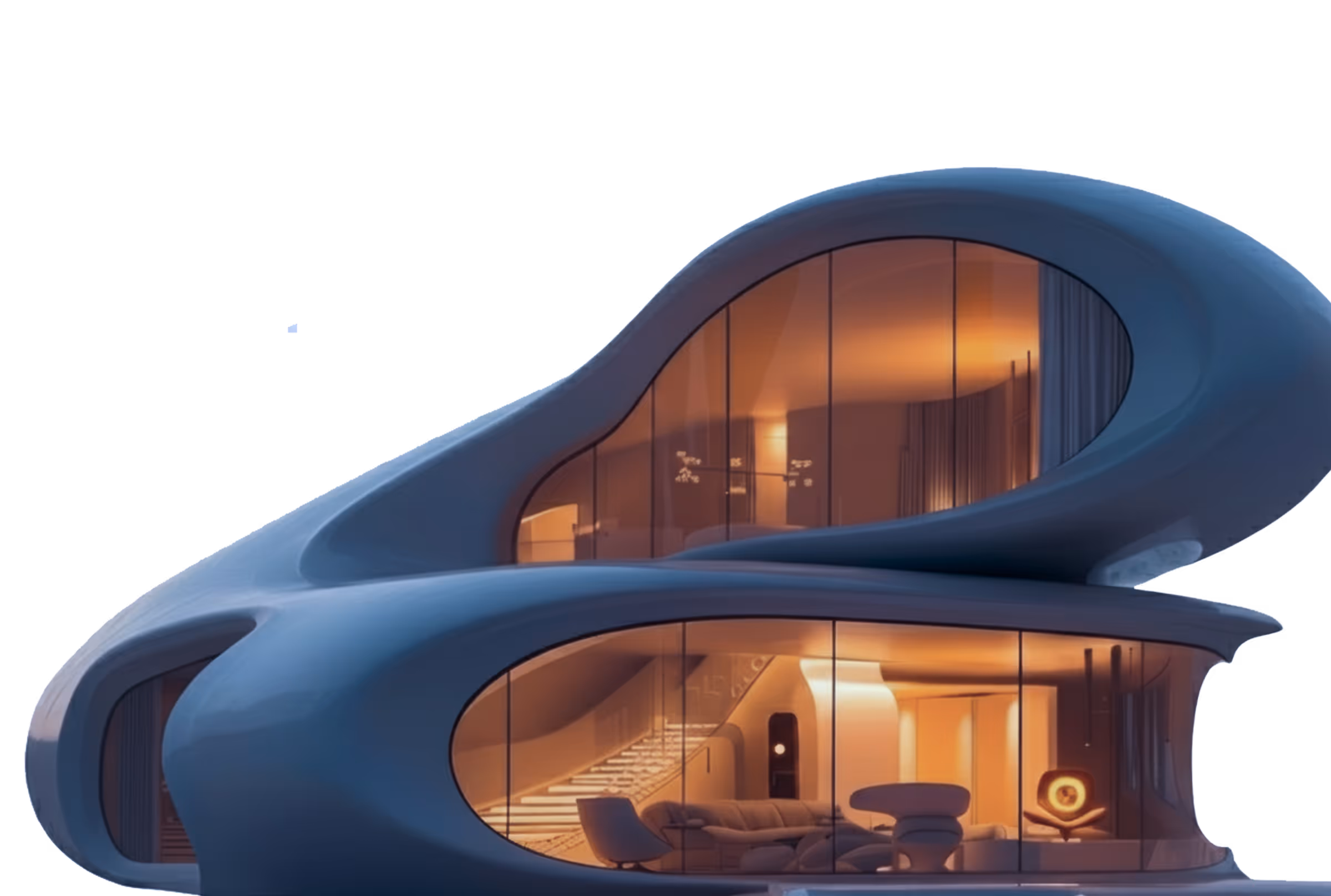 Modern futuristic house with smooth curves and large glass windows showing warm interior lighting and furniture.
