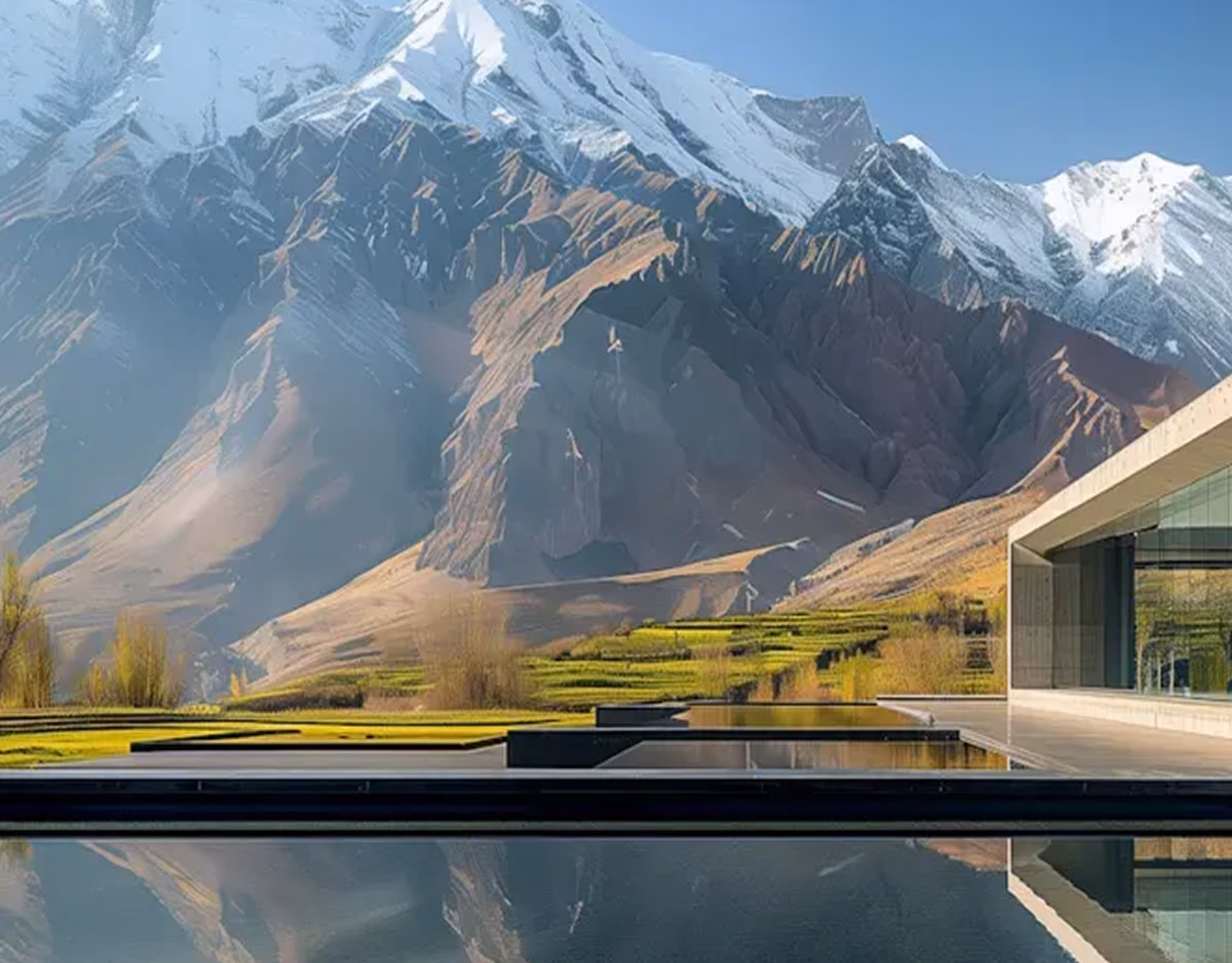 Modern building by a reflective pool with snow-capped mountains and green terraces in the background.