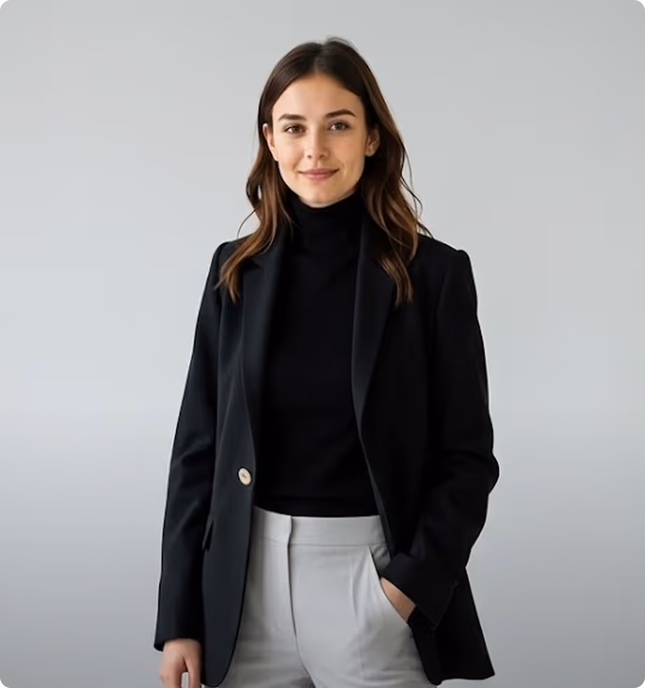 Smiling woman with brown hair wearing a black blazer and light gray pants standing against a plain gray background.