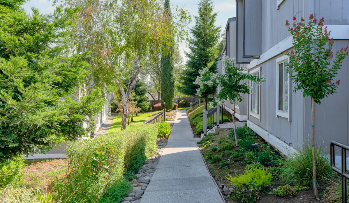 Walkway through apartment grounds outside