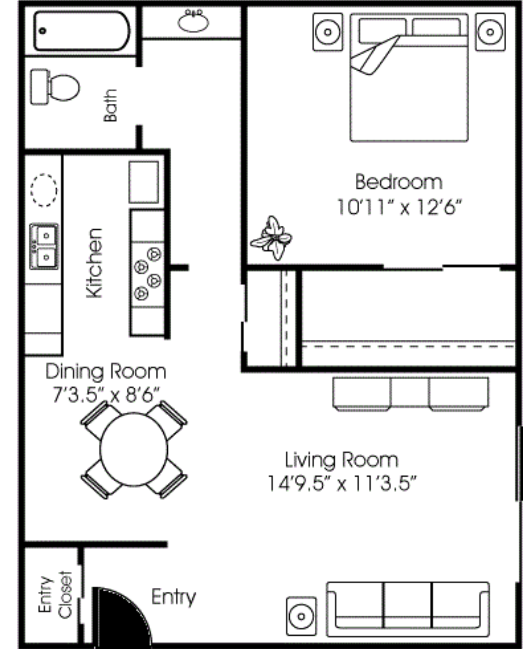 1x1 floor plan layout