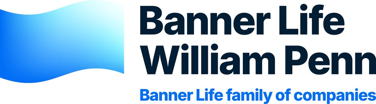 Banner Life William Penn logo which features black typography and a logo evoking the imagery of a flag waving in the wind that has a gradient from blue to sky blue to white. The logo has additional text that reads "Banner Life family of companies."