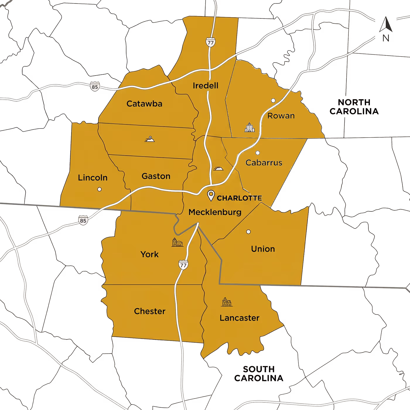Map of the McKinley Douglas service area within 50 miles of Charlotte, NC