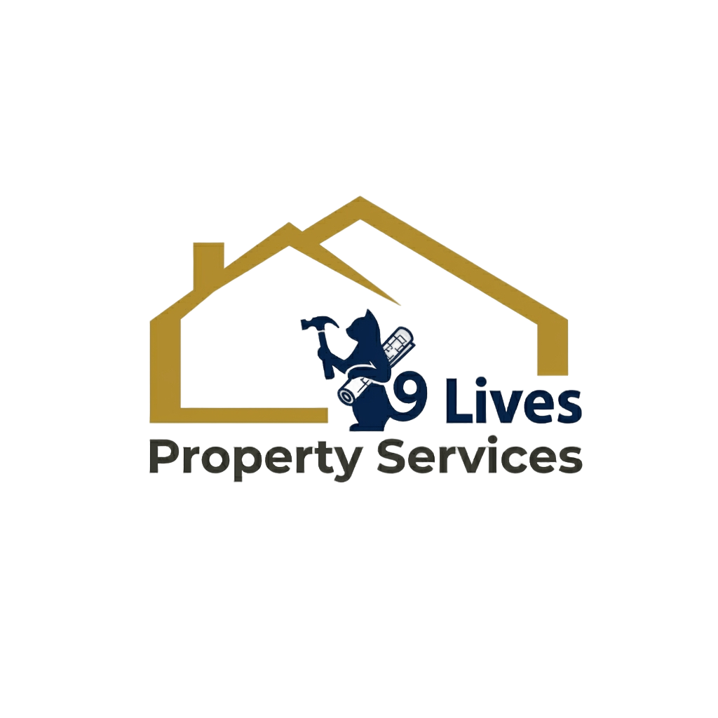 Logo with a house outline and a cat holding tools next to text 9 Lives Property Services.