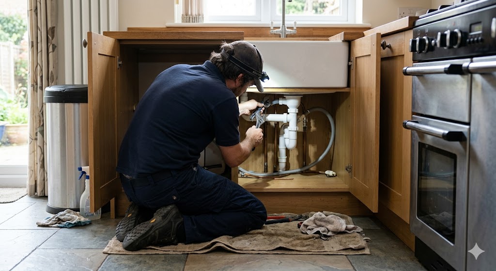 a image of a plumber working on a sink 