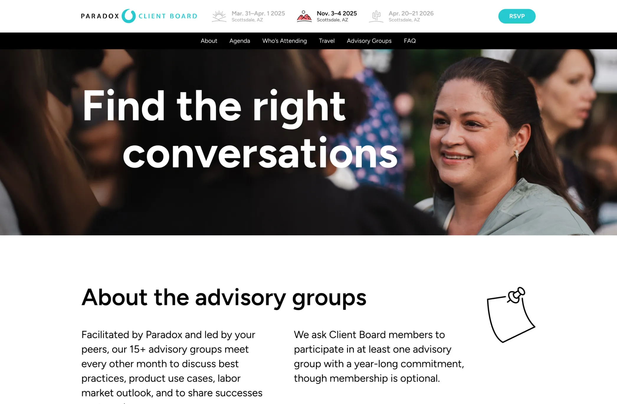 Smiling woman at an event with text 'Find the right conversations' over the image.