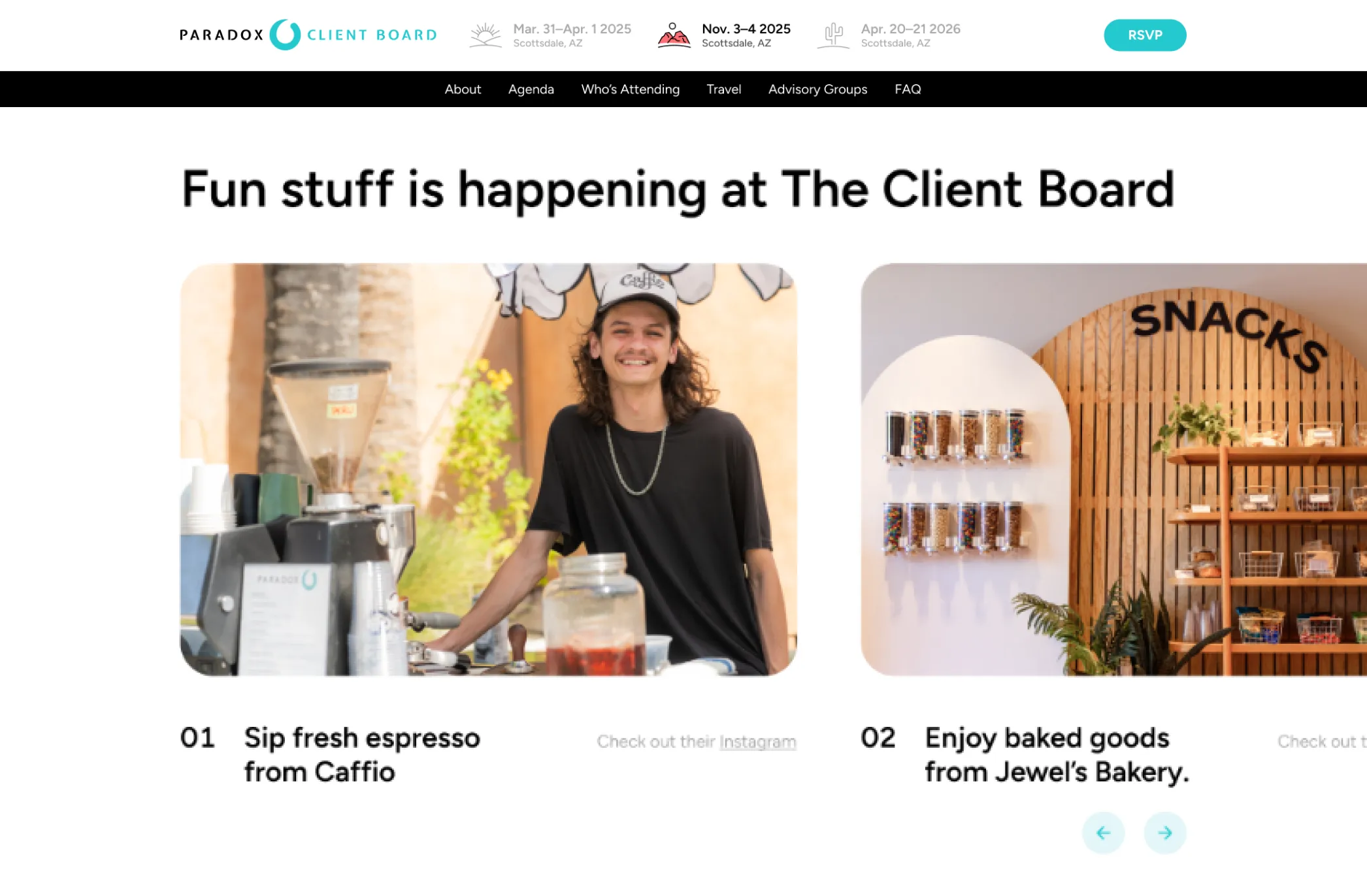 Smiling barista at espresso machine and display of snacks and baked goods at The Client Board.
