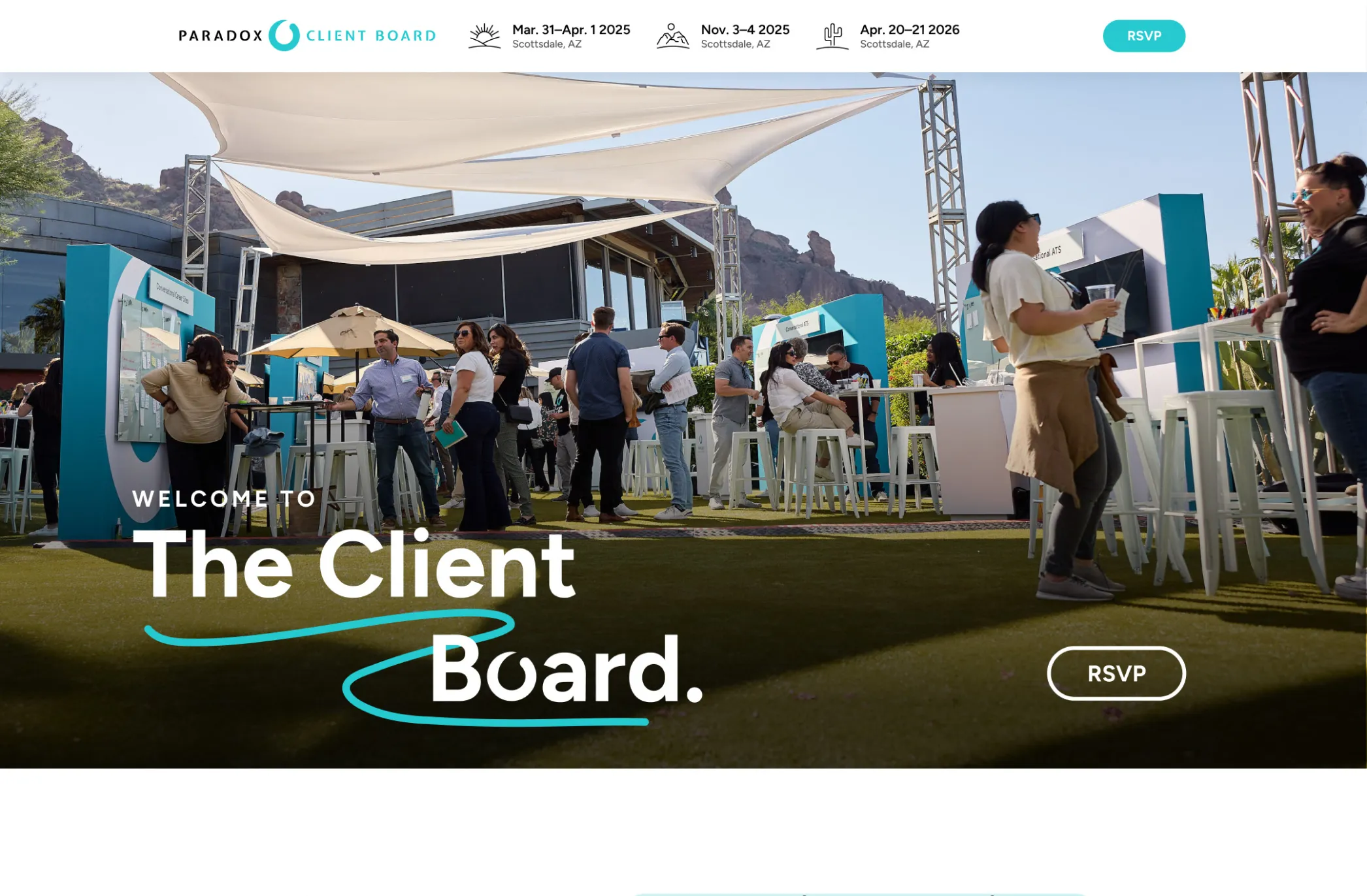 Outdoor event with people networking around booths under shade sails on grass in Scottsdale, Arizona.