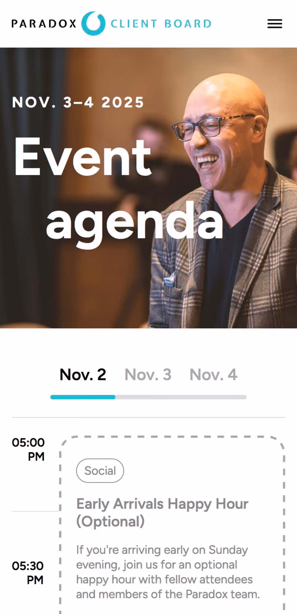 Smiling man in glasses and plaid jacket with text 'Nov. 3-4 2025 Event agenda' on screen.