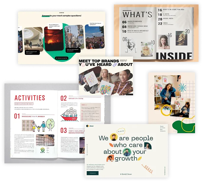 Collage of magazine and brochure pages with text, photos, and illustrations about brands and growth.