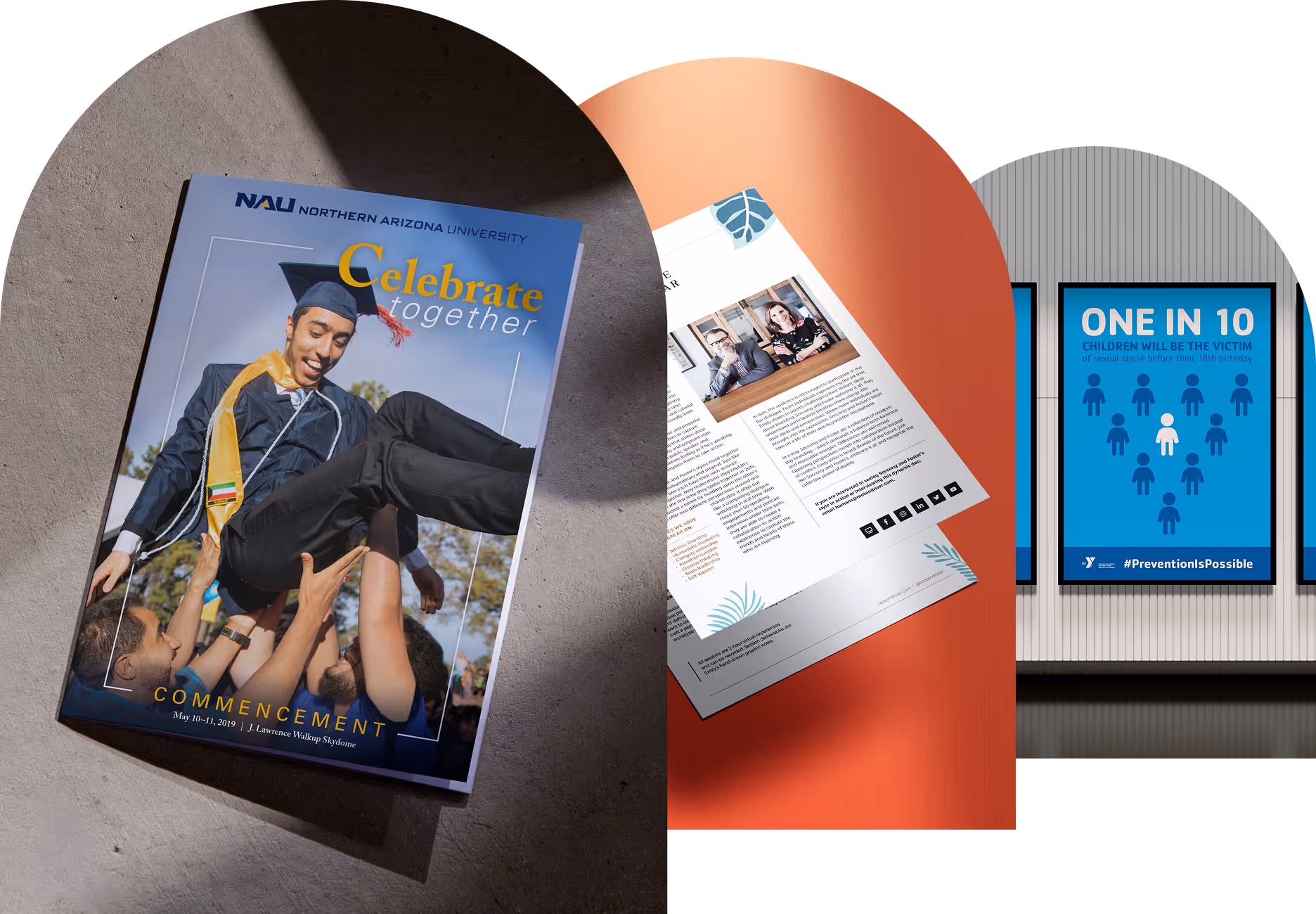 Printed Northern Arizona University materials arranged on arched backdrops: a magazine cover featuring a graduate in cap and gown, an open brochure spread, and a blue panel reading "One in 10".