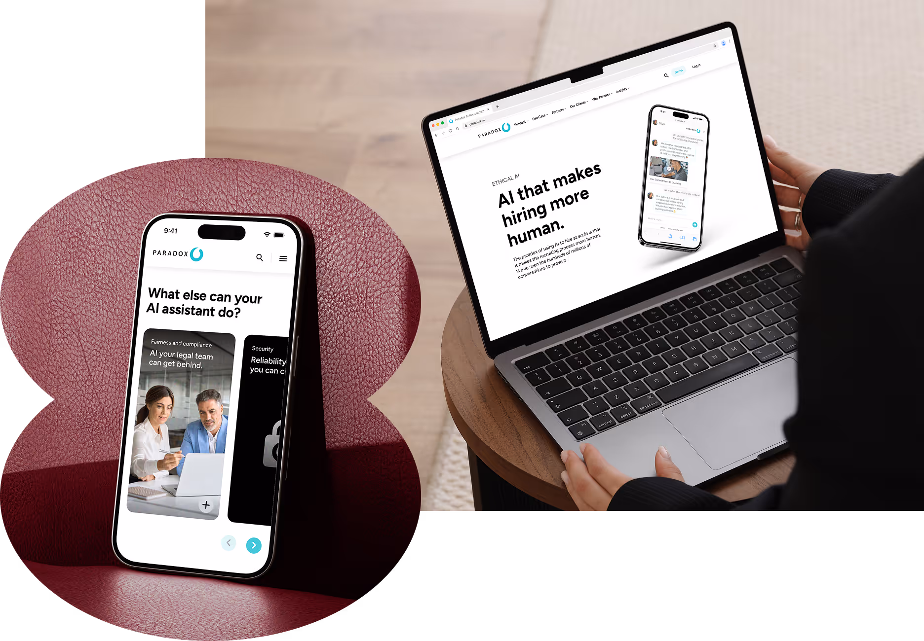A phone and a laptop displaying Paradox marketing pages, one reading "What else can your AI assistant do?" and the other "All that makes hiring more human."