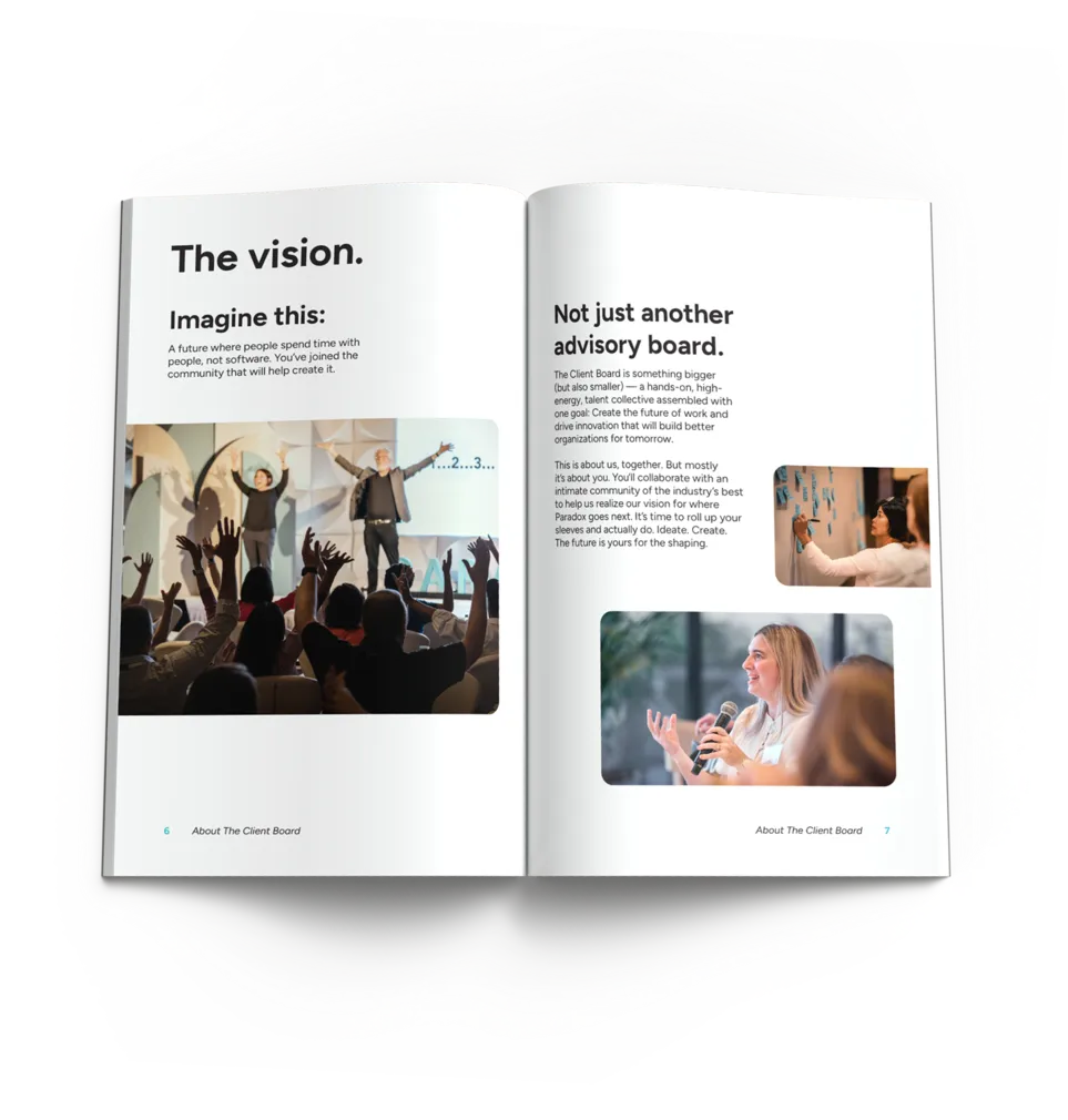Open book showing two pages about The Client Board vision with photos of people speaking and brainstorming.