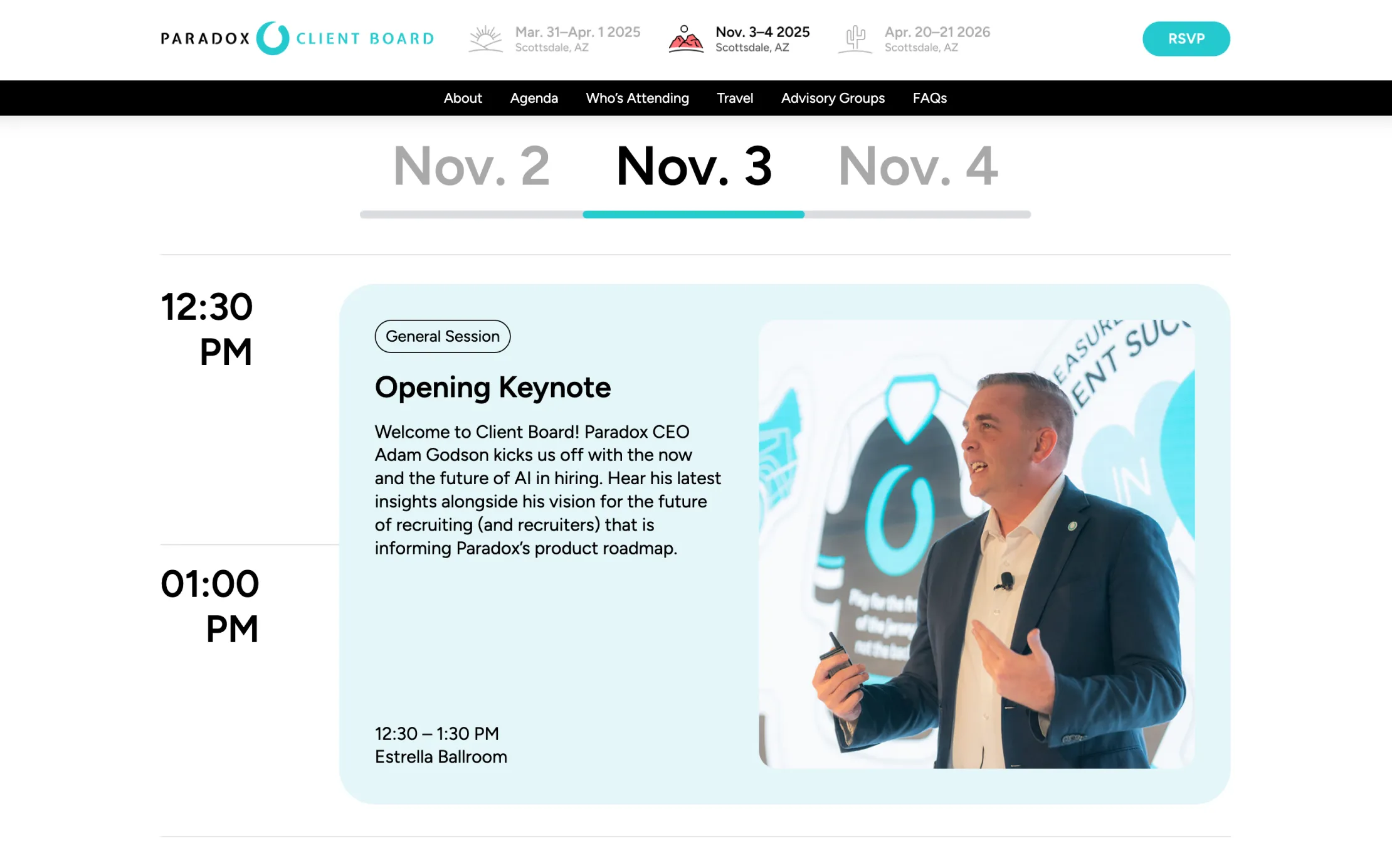 Paradox CEO Adam Godson delivering the opening keynote at Client Board event on Nov. 3, 12:30 PM.