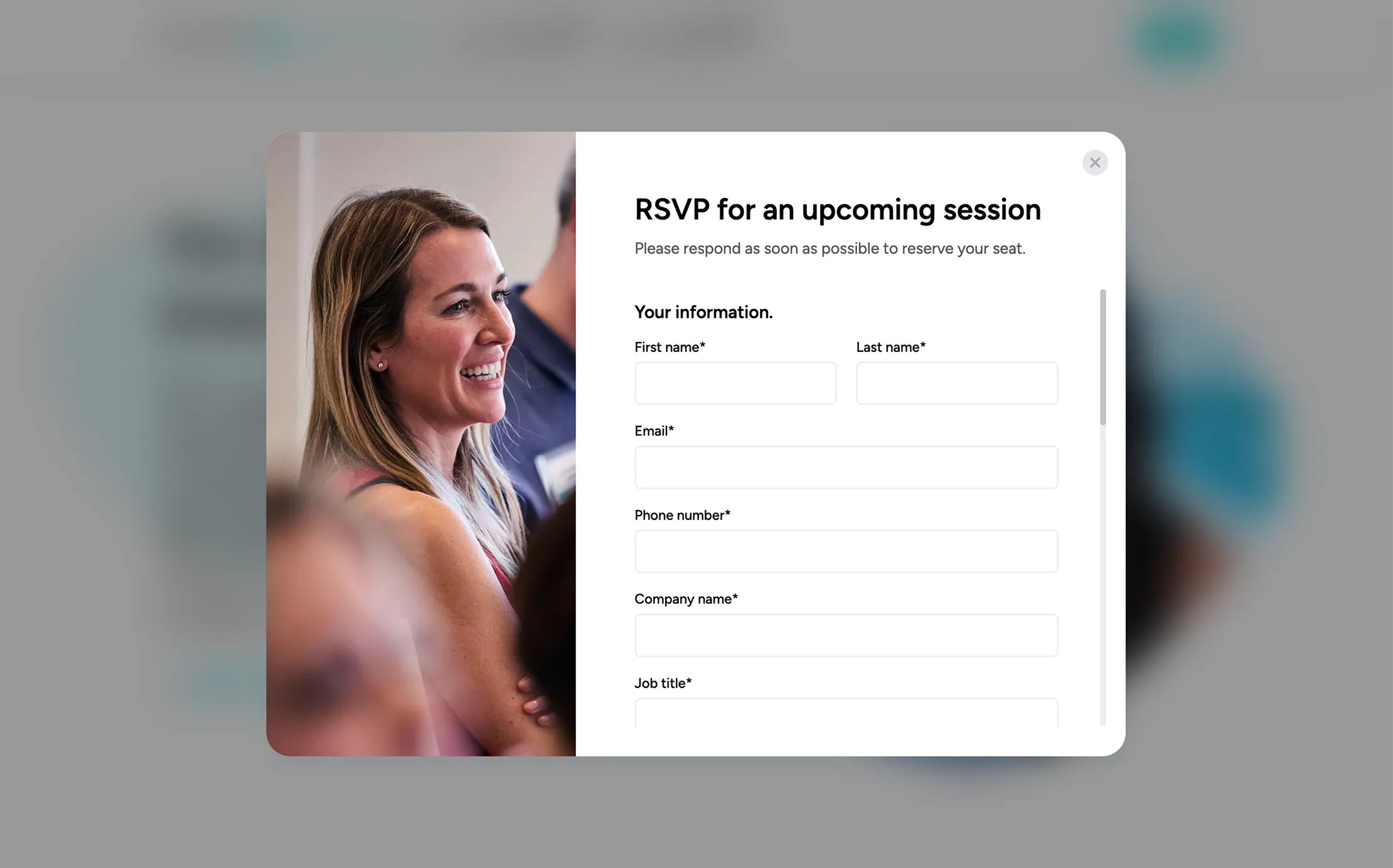 Smiling woman at an RSVP form for an upcoming session with fields for name, email, phone, company, and job title.