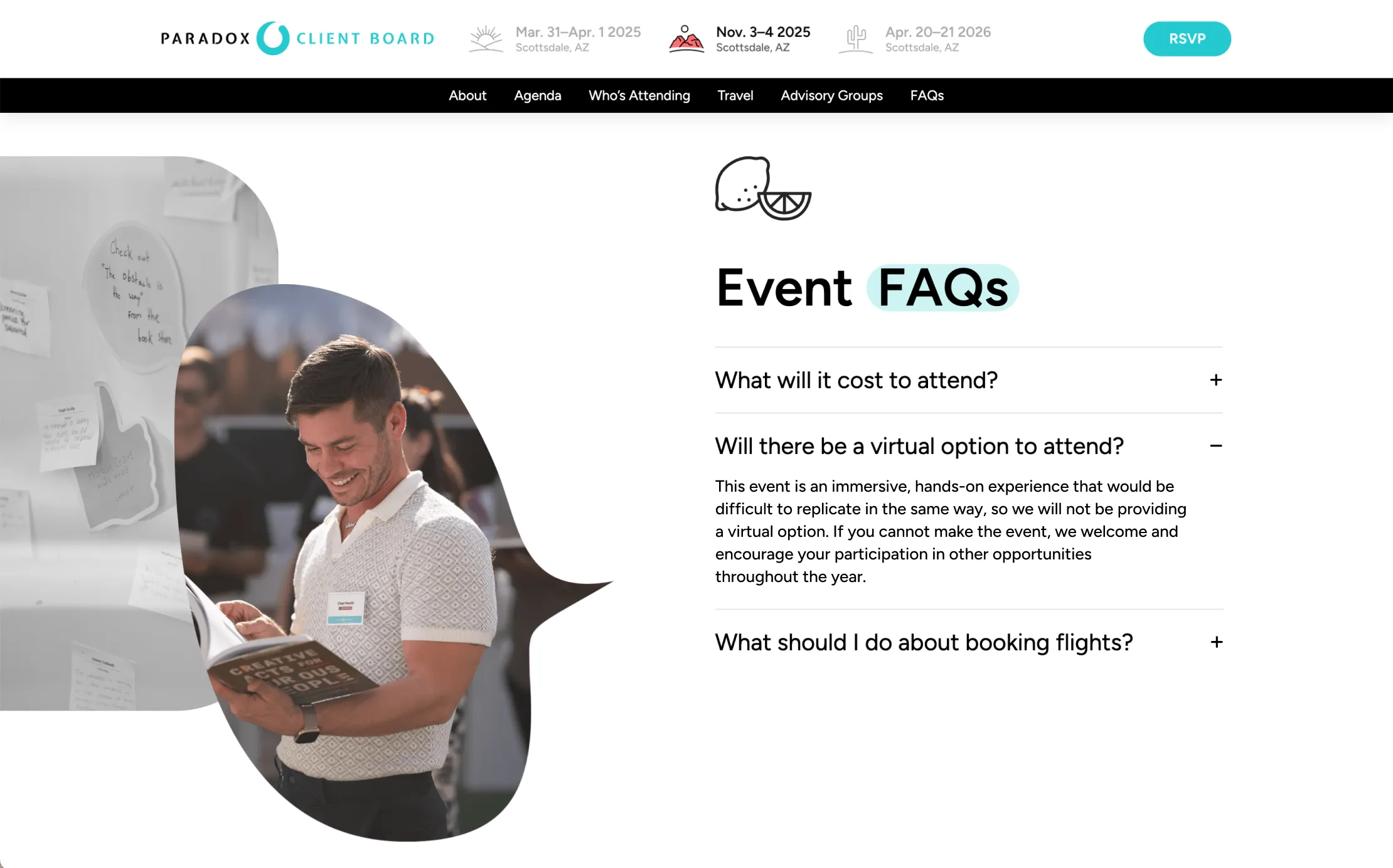 Man in white shirt reading a book, next to event FAQ about no virtual attendance option provided.