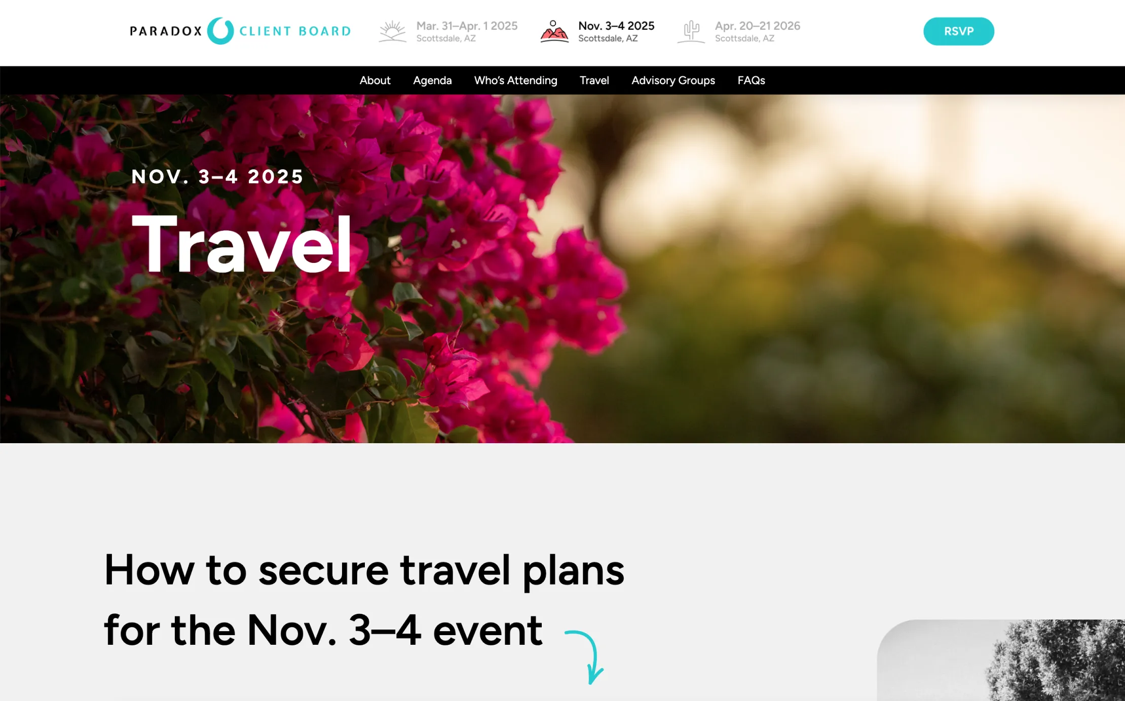 Bright pink flowers with blurred green background and text about securing travel plans for Nov. 3-4 event.