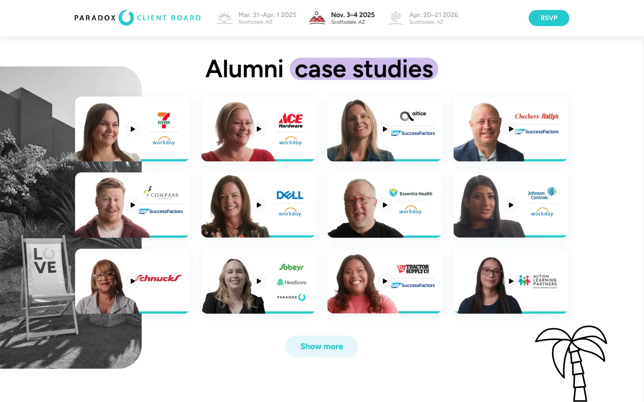 Grid of 12 alumni portraits with company logos highlighting various case studies on a client board.