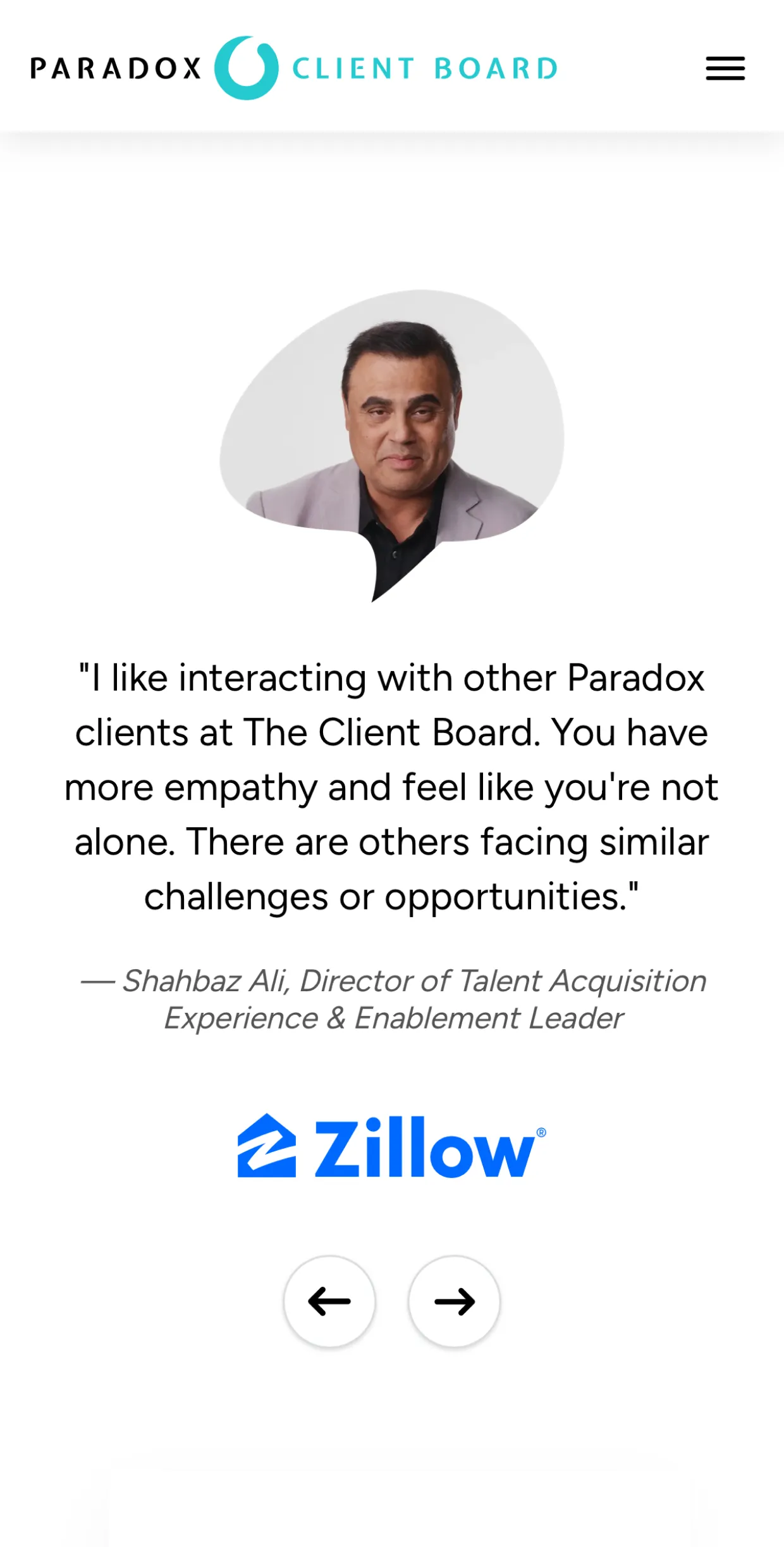 Portrait of man with quote on empathy and connection at Paradox Client Board and Zillow logo below.