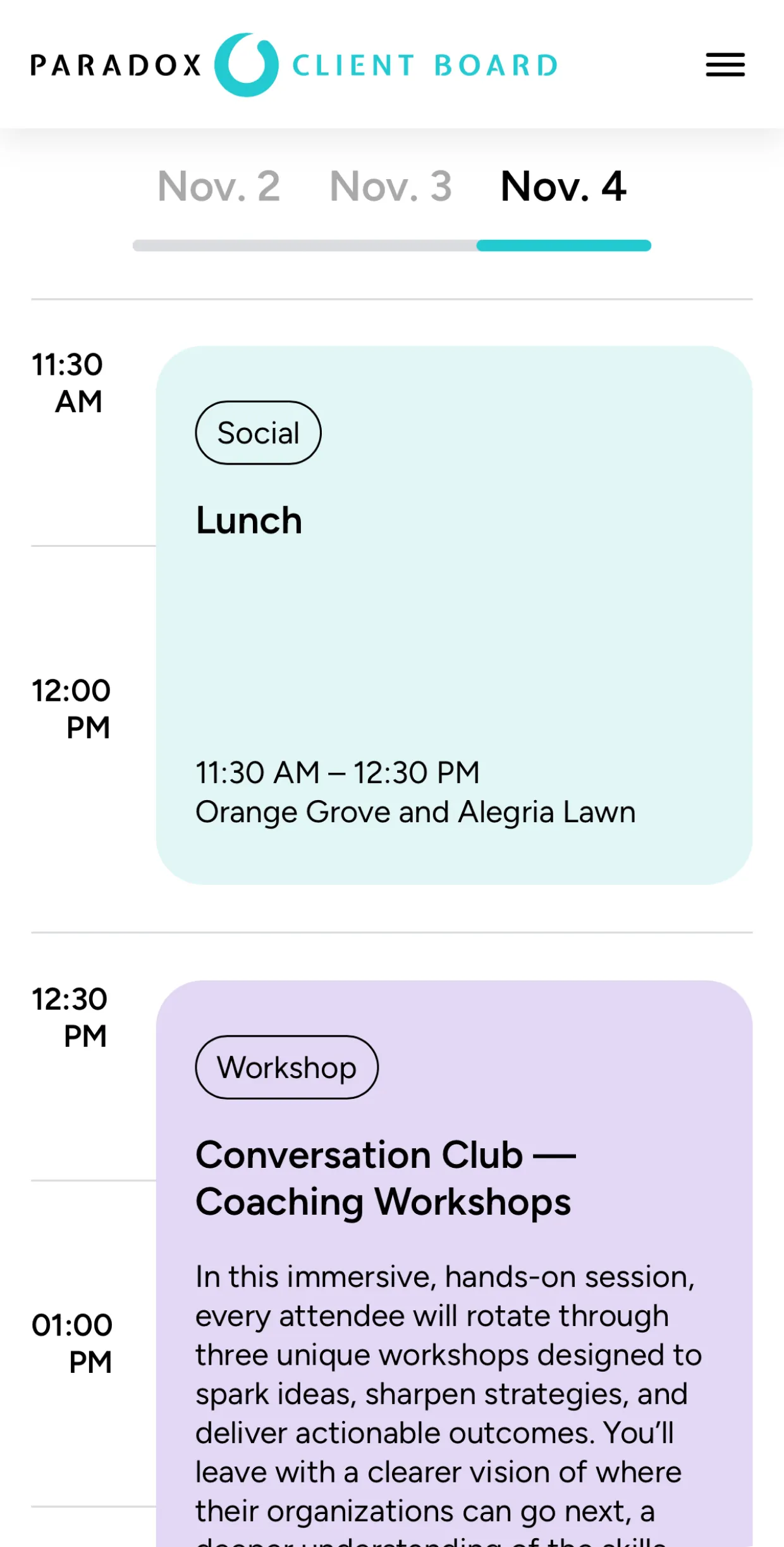 Paradox Client Board schedule showing lunch at 11:30 AM and workshop on Conversation Club at 12:30 PM.
