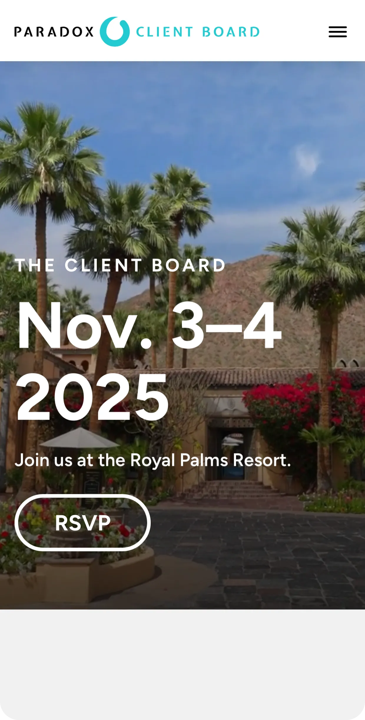 Palm trees and desert resort entrance with text announcing client board event Nov. 3-4, 2025 RSVP button.