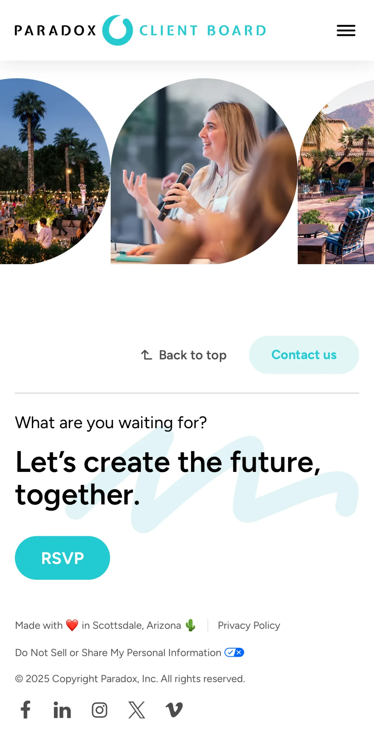 Website footer with invitation text, RSVP button, social icons, and images of people and outdoor scenes.