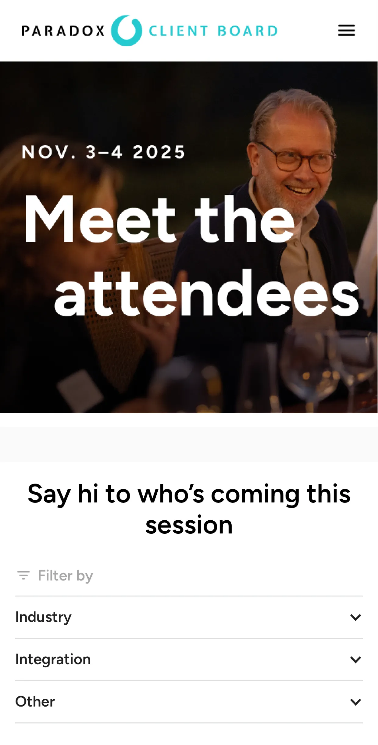 Smiling man wearing glasses at a social gathering with text about a Nov. 3-4 2025 event.